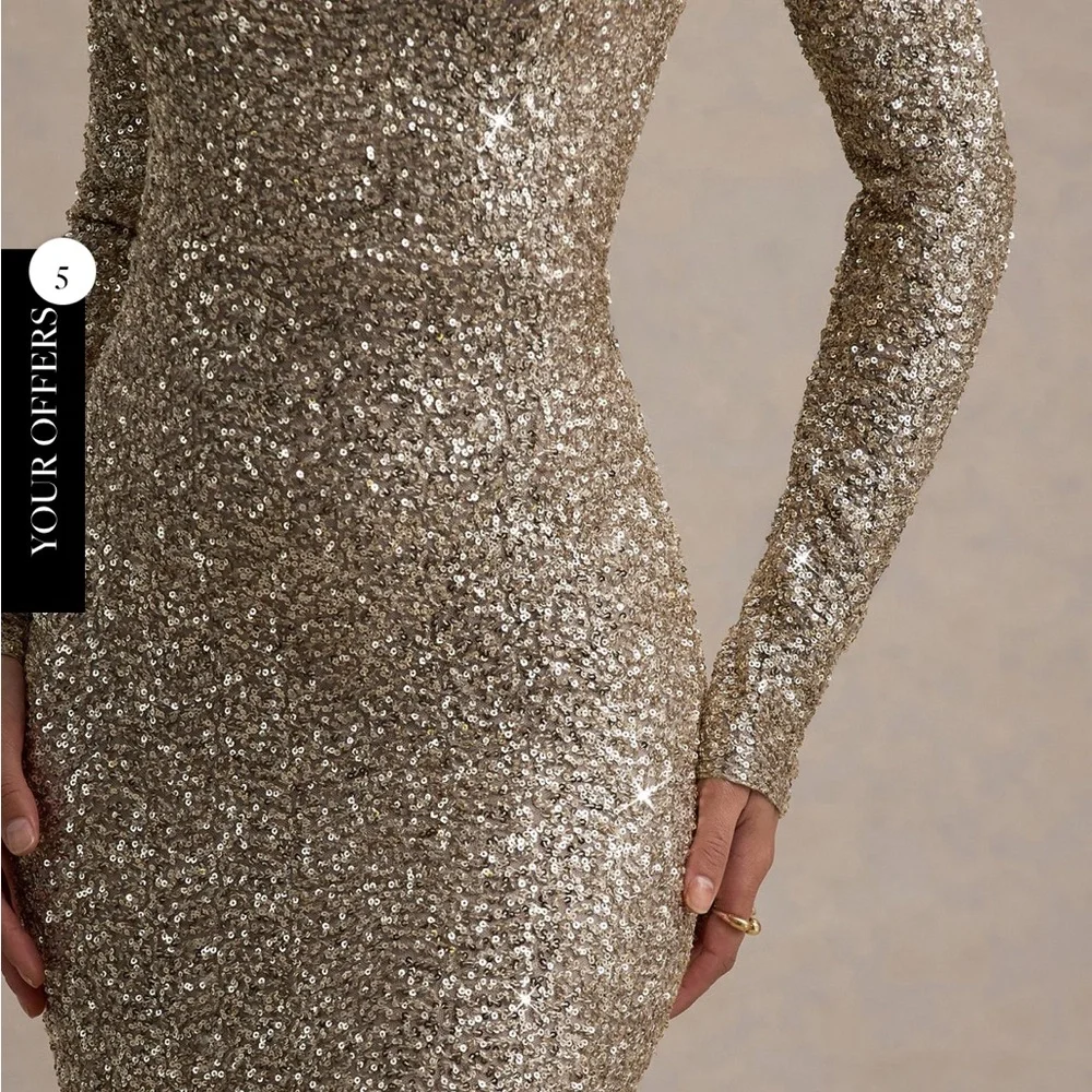 Club L London Galaxy Champagne Sequin Turtle Neck Gold Maxi Dress Size 10 NWT - Picture 5 of 8